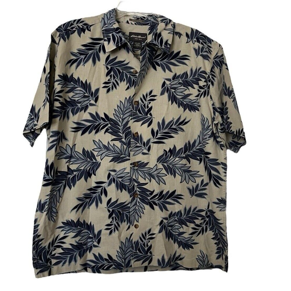 Eddie Bauer Men's Hawaiian Shirt Weathered Linen Gray Blue Size Large